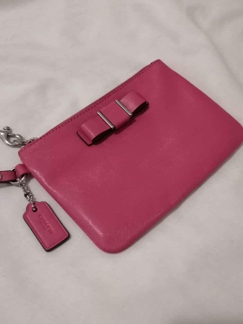 Coach Darcy Saffiano Leather Bow Wristlet in Strawberry Pink